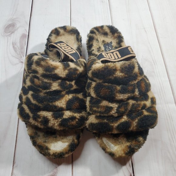 Ugg Slipper Shoes 8 Womens Fuax Fur Spell Out Heel Strap Black Brown Leopard - Picture 3 of 9